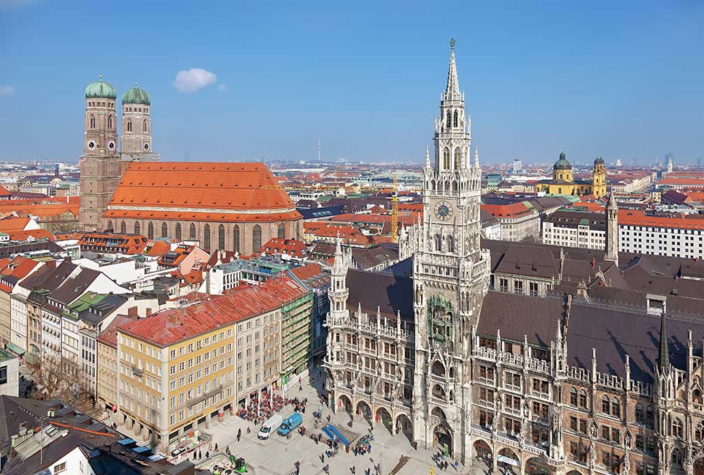 Munich, Frauenkirche (left) and the New Town Hall at Marienplatz from Peterskirche, Bavaria
