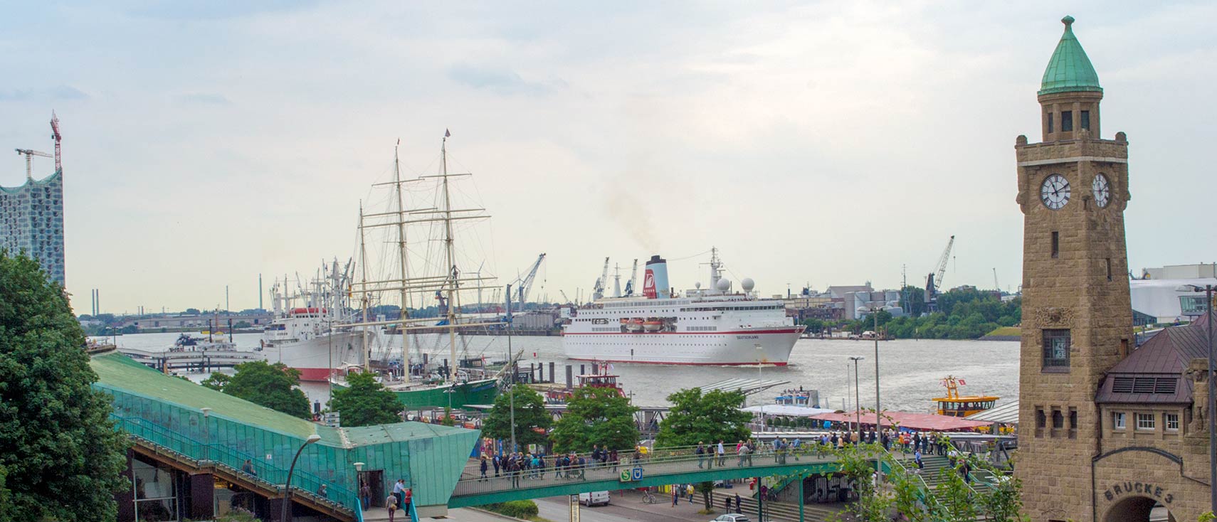 Port of Hamburg, St. Pauli Landungsbrücken on the banks of the Elbe river