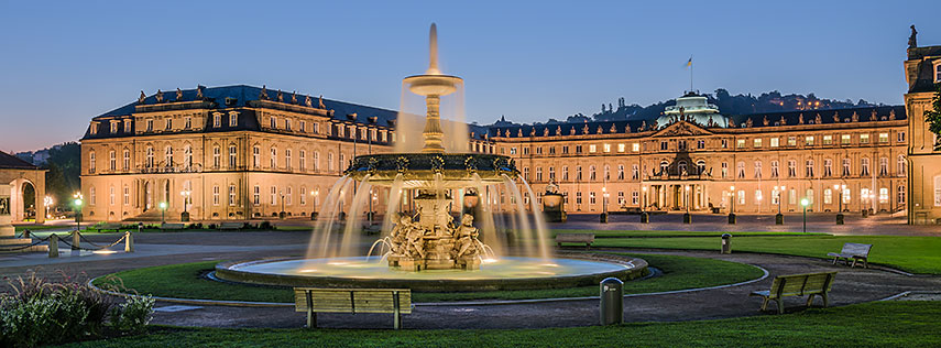 Neues Schloss (new palace) with Schlossplatz fountain, Stuttgart, Germany