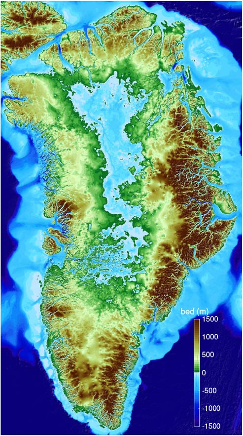 Topographic map of Greenland's bedrock