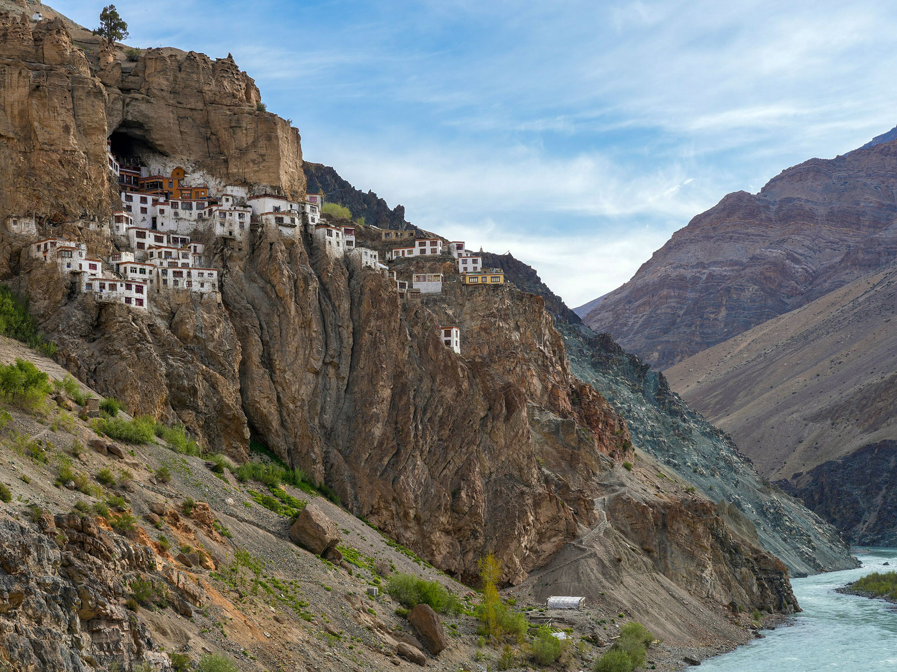 The Tsarap river and Phuktal Gompa, Zanskar region of Ladakh, India