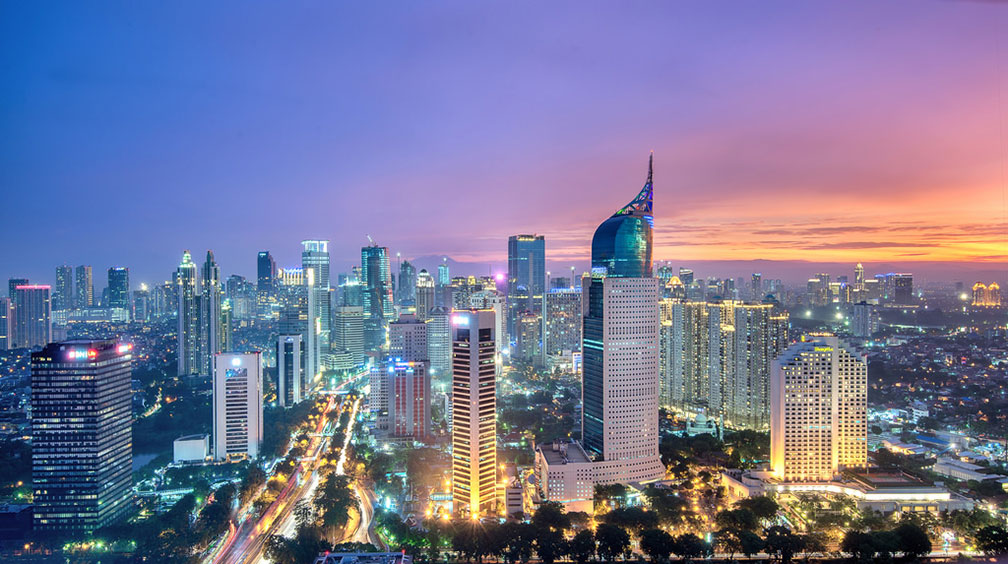 Jakarta's skyline with the Fountain Pen (Wisma 46) and Jenderal Sudirman road