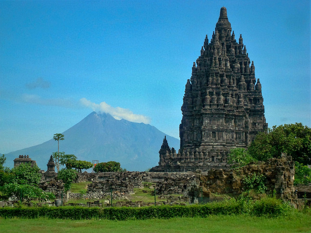 Mount Merapi and Prambanan Hindu temple on the island of Java, Indonesia