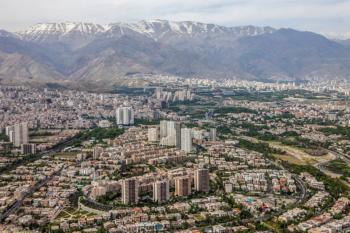 Aerial view of Tehran, with the Alborz mountain range, Iran