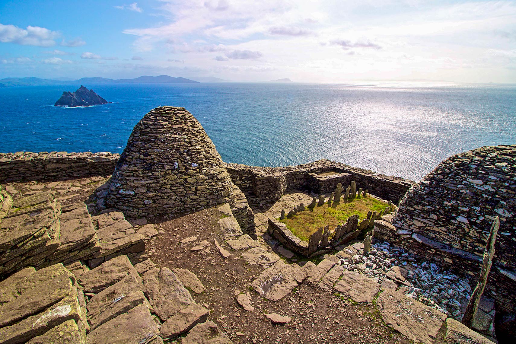 Beehive shaped huts of the 7th century Skellig Michael Monastery