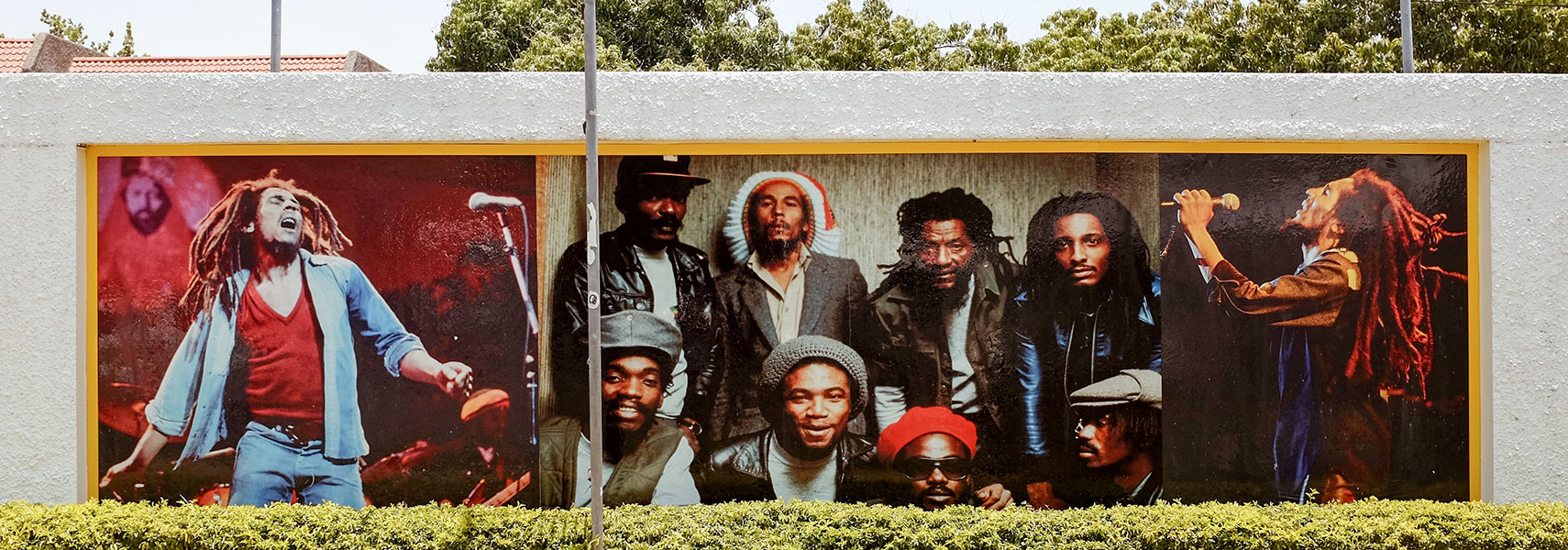 Bob Marley images on a wall of the Bob Marley Museum in Kingston, Jamaica