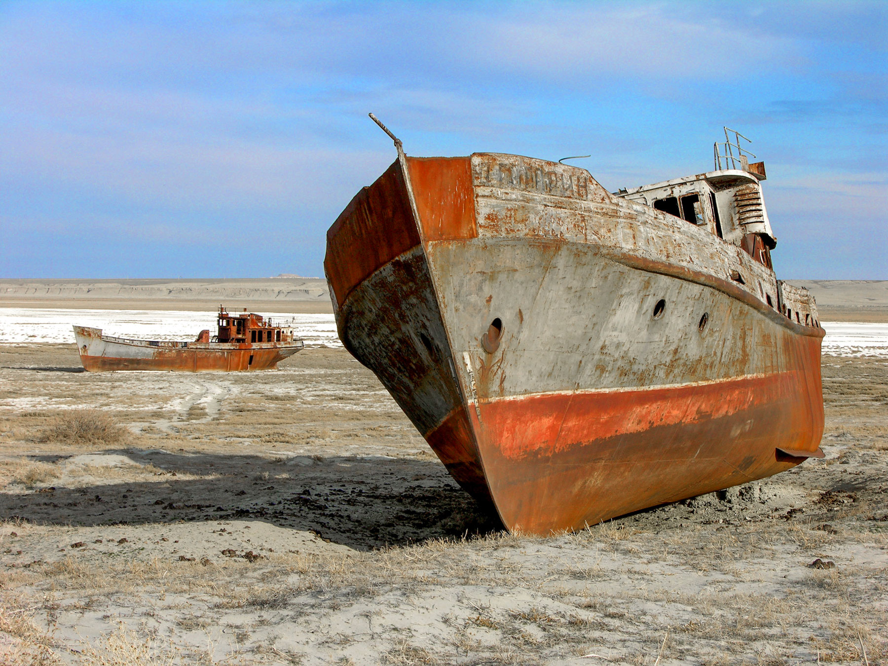 Rusting ships stranded in the sand of the dried-up Aral Sea in Kazakhstan.