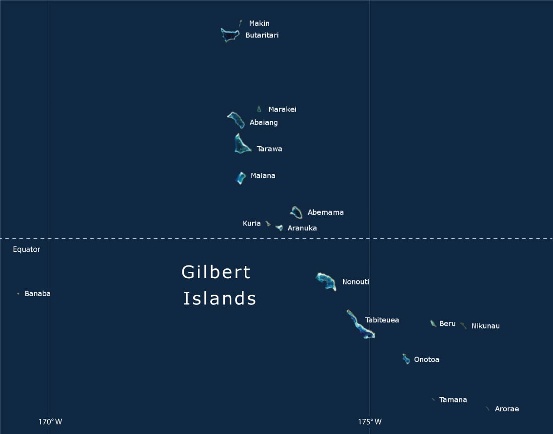 Locatie van de atollen binnen de Gilbert-eilanden, een van de drie grote archipels van Kiribati
