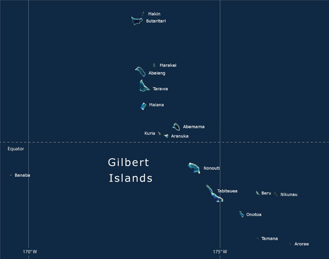 Localisation des atolls au sein des îles Gilbert, l'un des trois archipels majeurs de Kiribati