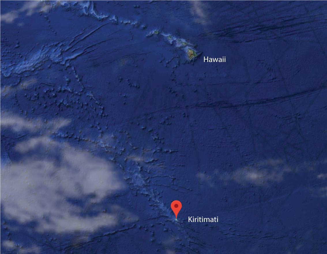 Location of Kiritimati and the Line Islands in relation to Hawaii.