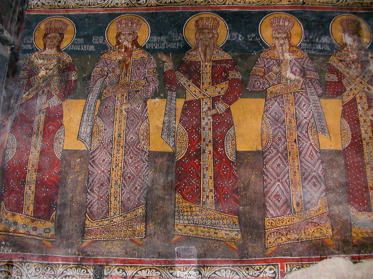 A wall painting with members of the Serbian Nemanjić dynasty in the Patriarchate of Peć Monastery