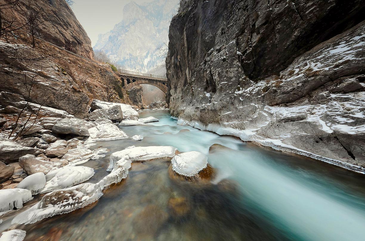 Peja Bistrica river with the Rugova Canyon Bridge in Western Kosovo