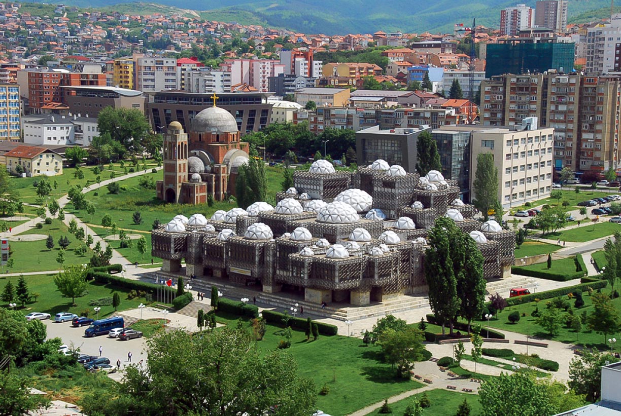 Christ the Saviour Orthodox Cathedral (in the background) and the National Library of Kosovo in Pristina