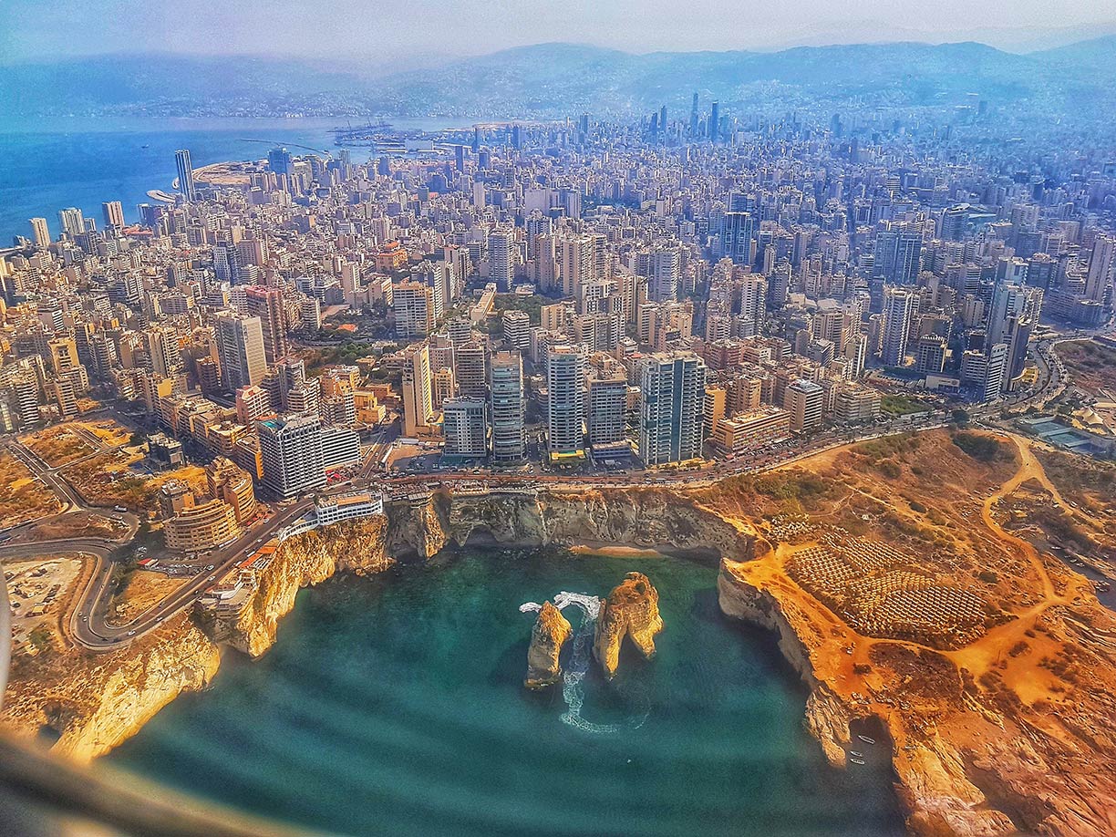Aerial photo of Beirut at the coast of the Mediterranean Sea, capital of Lebanon