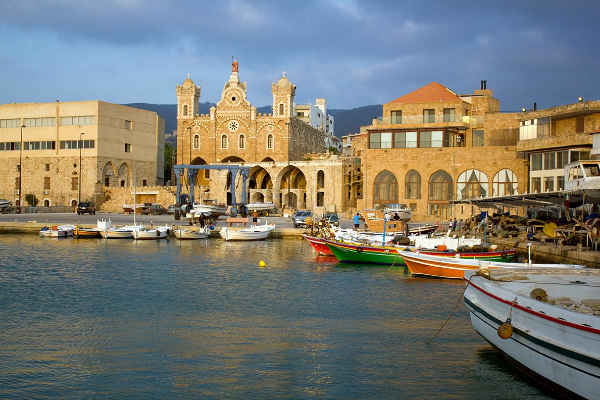 The port at the old city of Batroun with the St. Stephens Church, Lebanon