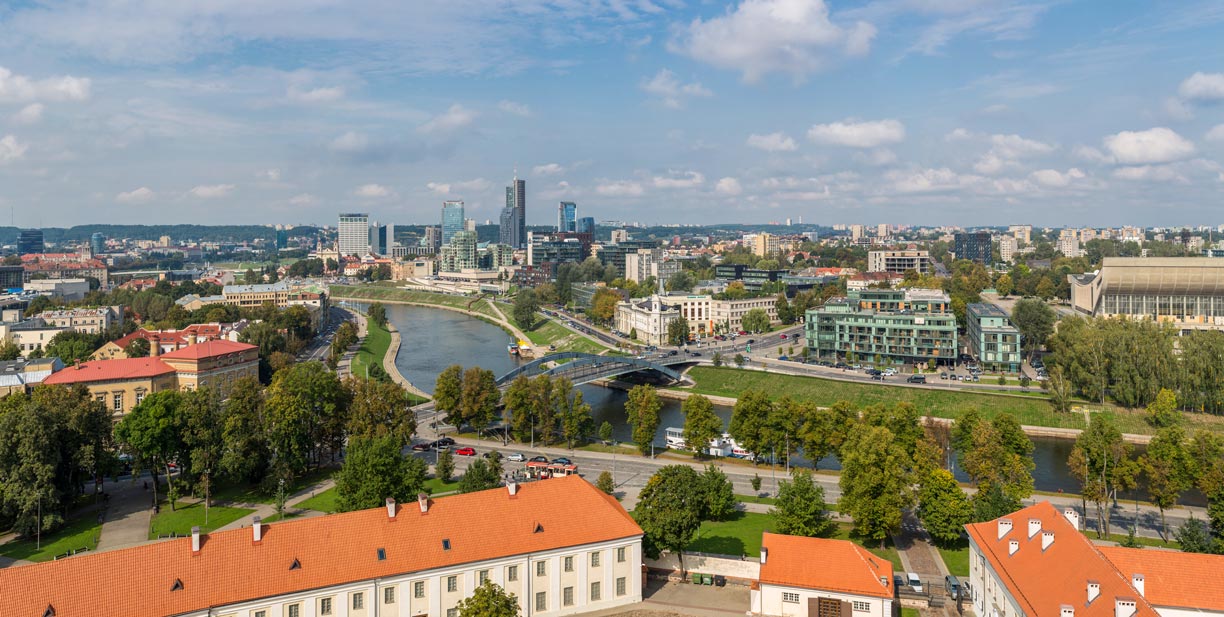 The skyline of Vilnius, the capital of Lithuania, on the banks of the Neris river