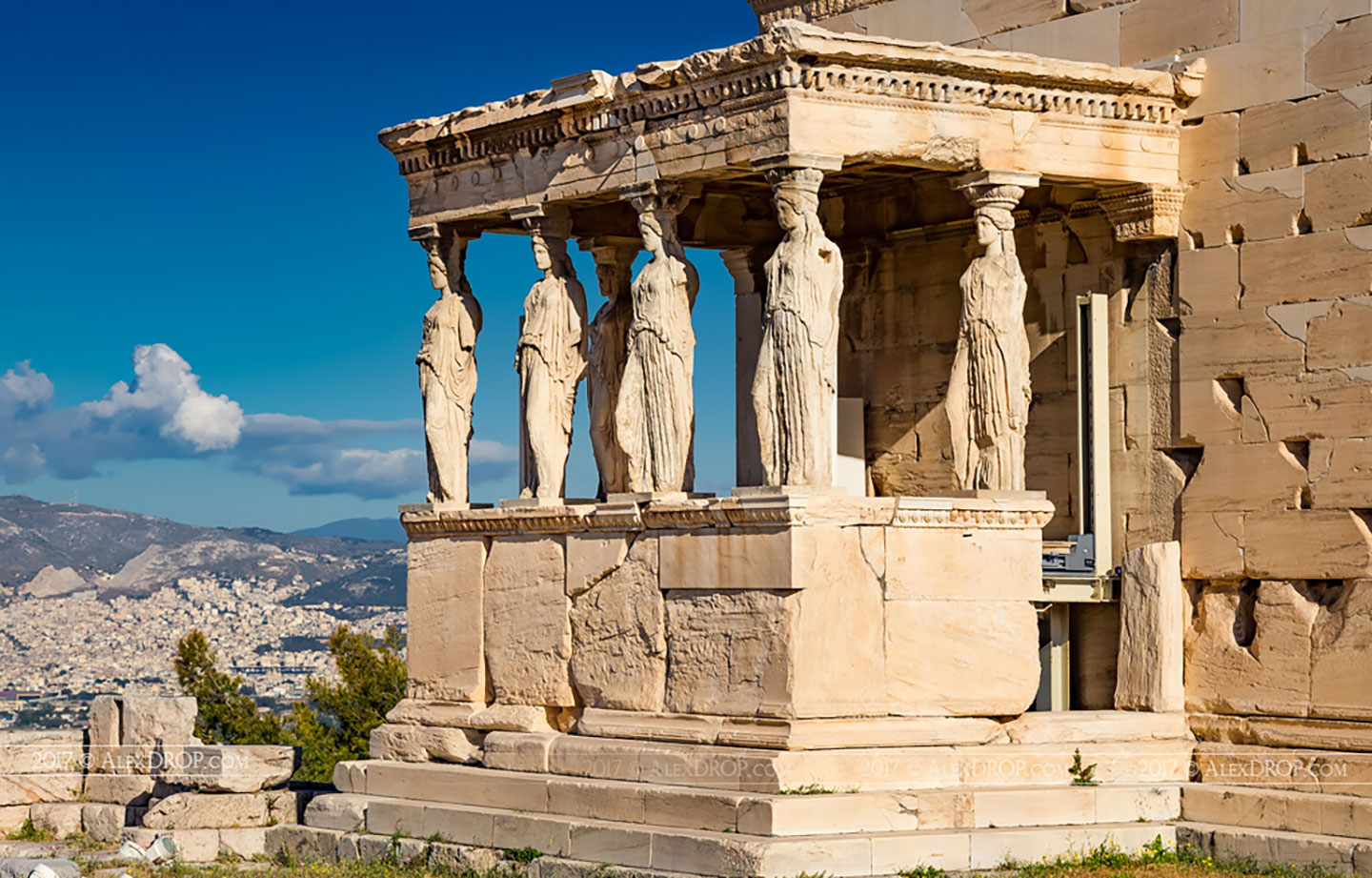 The Caryatid Porch of the Erechtheion, the temple of Athena Polias, on the Acropolis in Athens, Greece.
