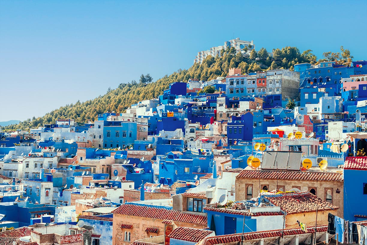 Blue painted houses in Chefchauoen, a city in northwest Morocco