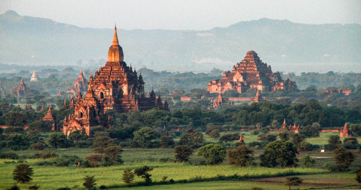 Bagan from above, with Htilominlo Temple and Dhammayan temple, Bagan, Myanmar