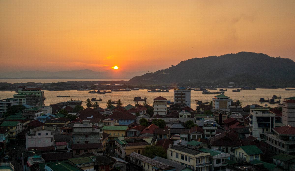 Sunset over Mergui (or Myeik) Archipelago, view from Myeik, Myanmar.