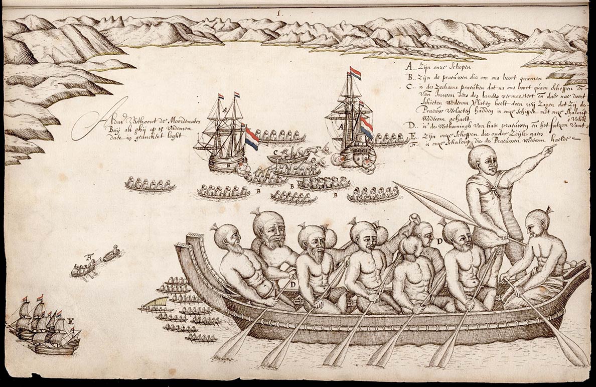 Drawing by Isaack Gilsemans: Ships of the VOC entering the Murderers' Bay (Golden Bay / Mohua), South Island NZ