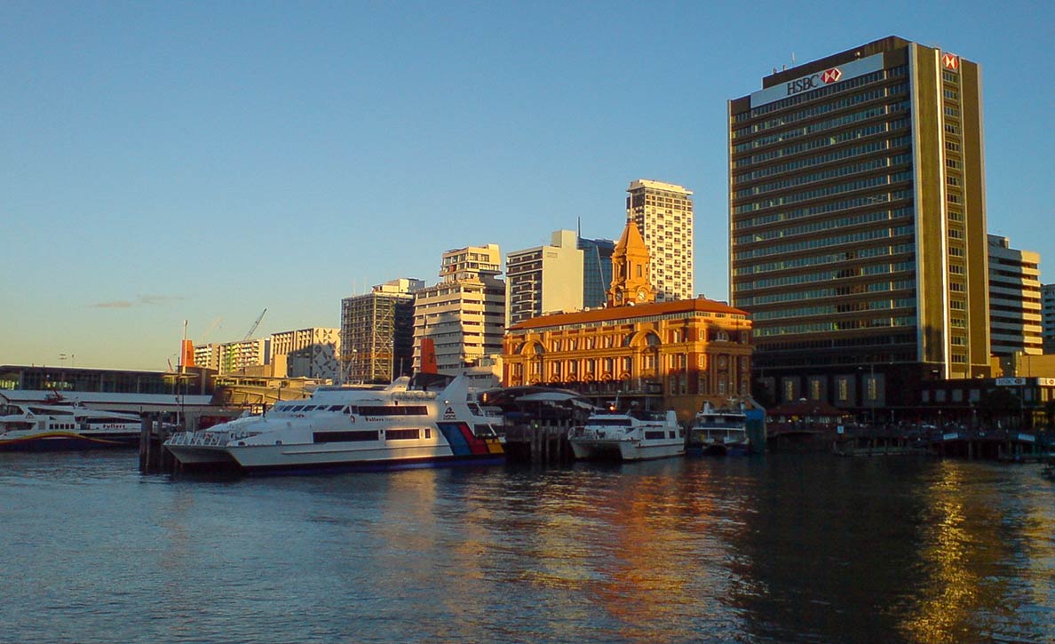 View from Princes Wharf to the waterfront of Auckland City, with the Auckland Ferry Terminal, NZ