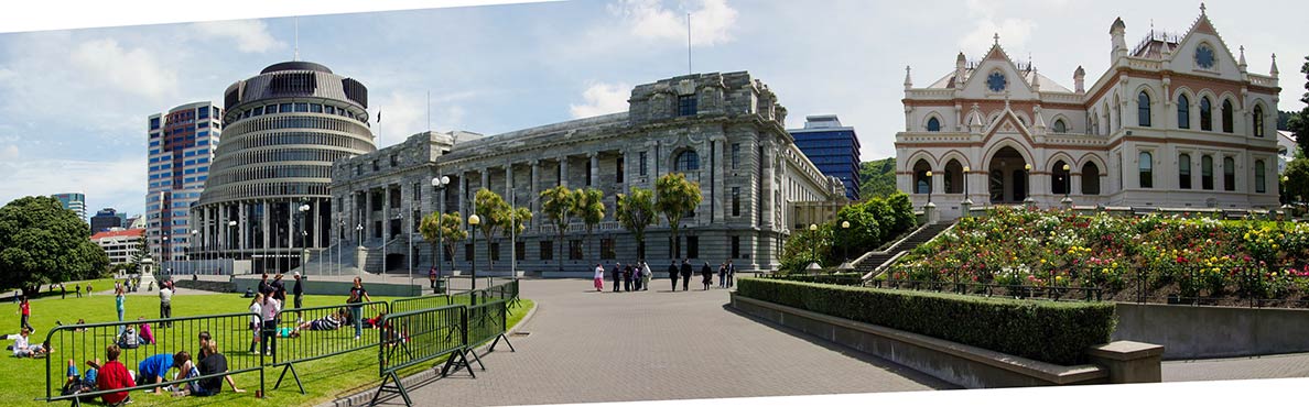 New Zealand parliament buildings with te "Beehive"