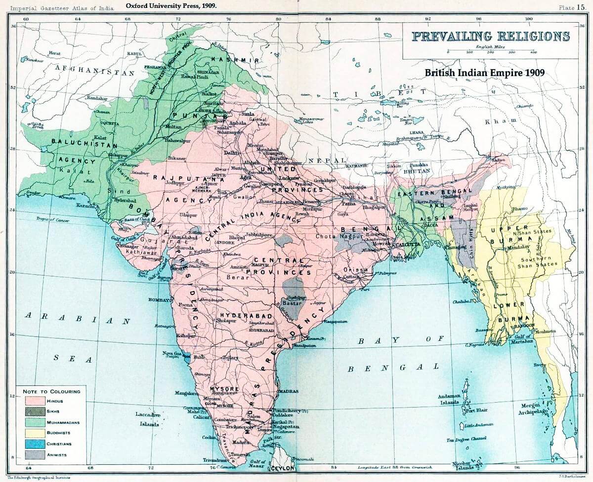 Map showing the prevailing Religions in the British Indian Empire