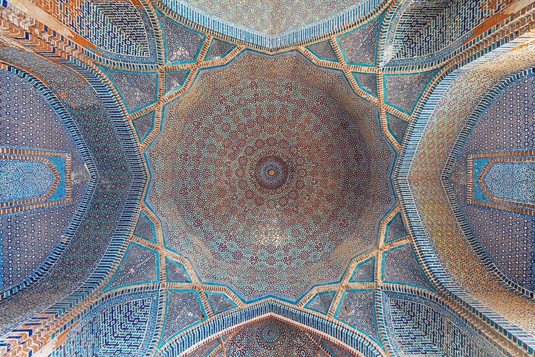 The ceiling mosaic of the main dome in the Shah Jahan Mosque in Thatta.
