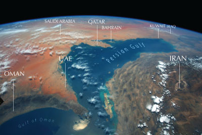 Annotated satellite image of the Persian Gulf from Space. 