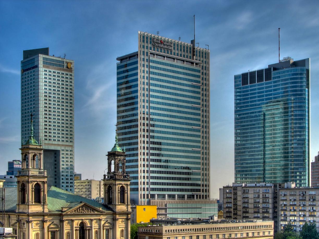 Warsaw's Central Business District with the All Saints Church and the headquarters of Bank Austria, Poland