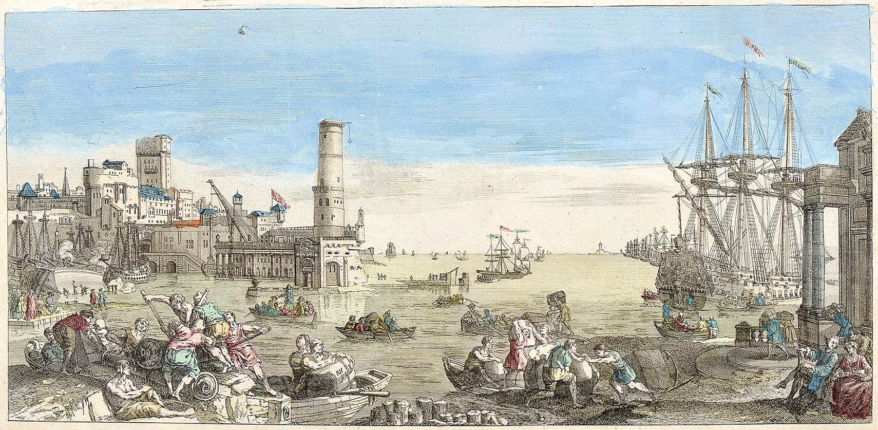 French print from the 18th century, shows an imaginative view of the port of Lisbon