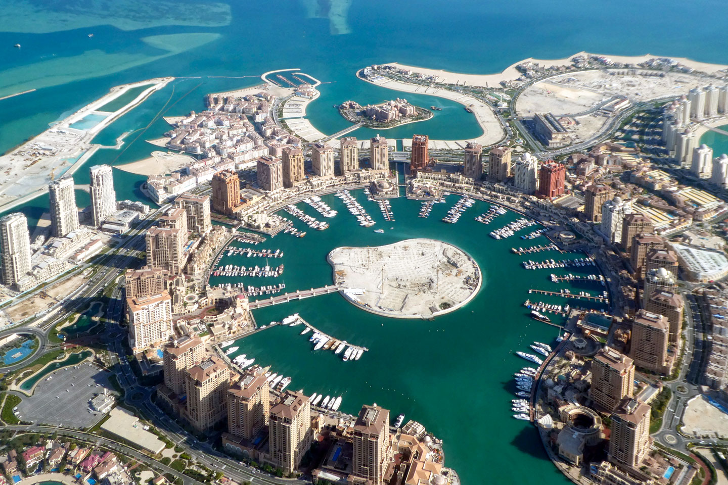 Aerial view of The Pearl, an artificial Island on reclaimed land in the northern part of Doha.