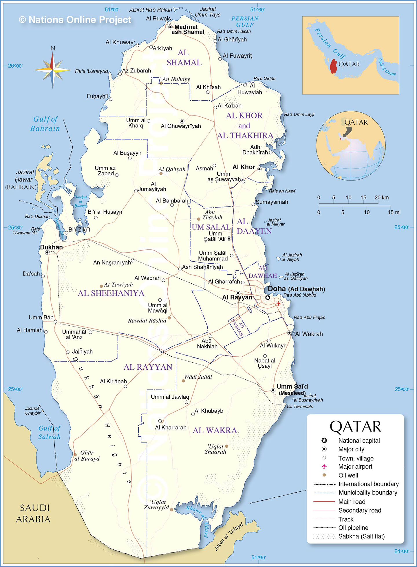 Qatar Map showing Municipalities of Qatar