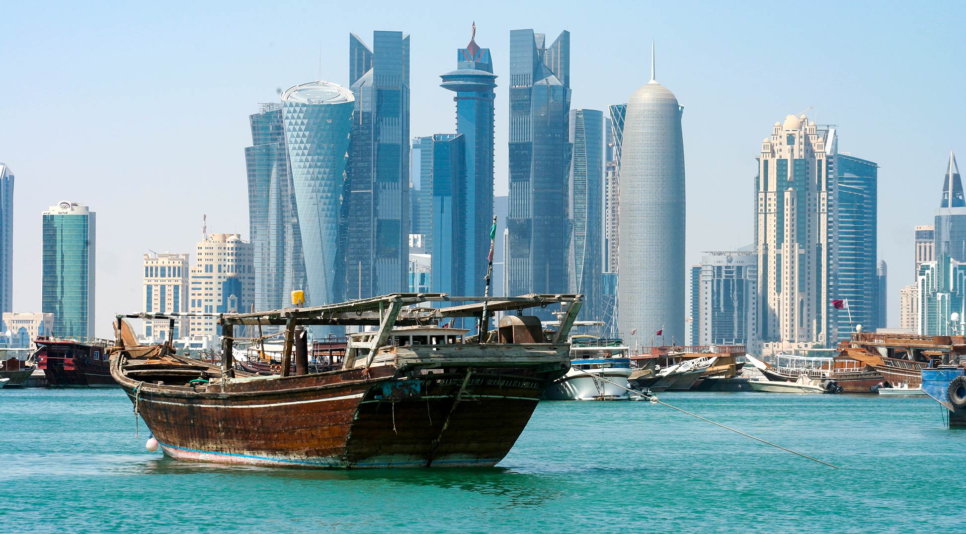 A dhow off the West Bay skyline of Doha, the capital of Qatar.