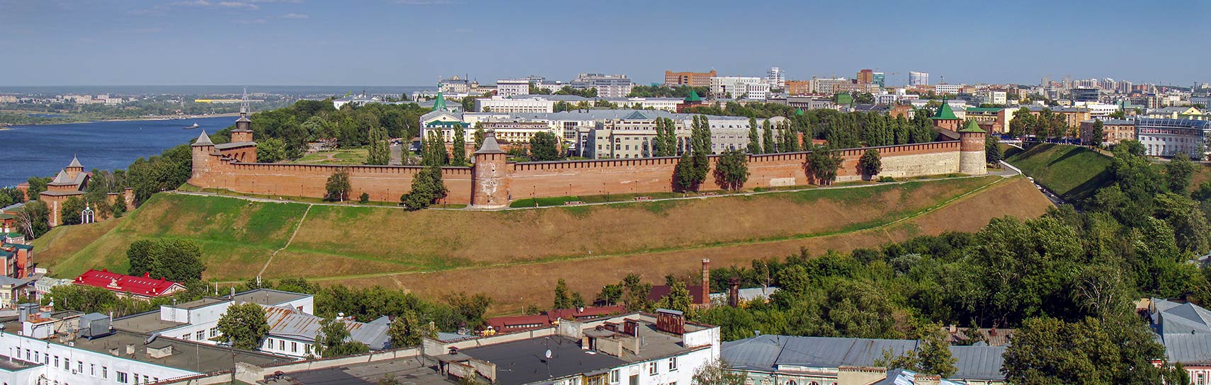 Panorama view of the spit at the confluence of the Volga and Oka rivers in Nizhny Novgorod, Russia