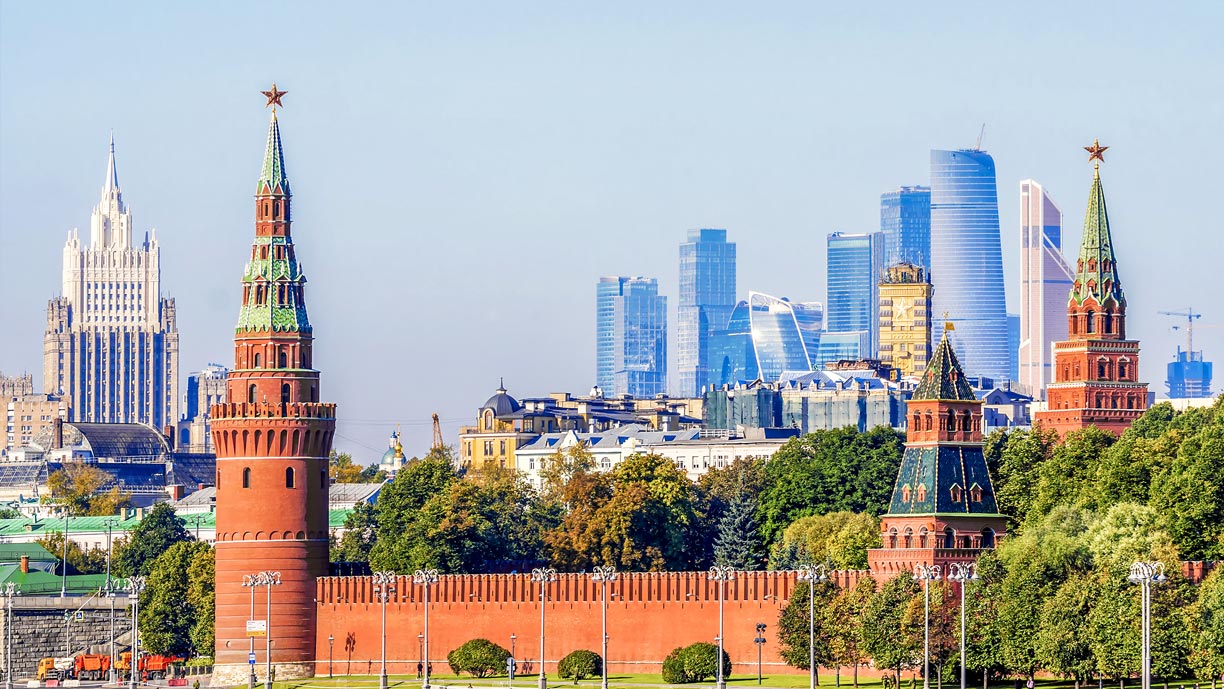 View of central Moscow from  Sofiyskaya Embankment, showing Ministry of Foreign Affairs, the Kremlin Wall, and Moscow-City CBD