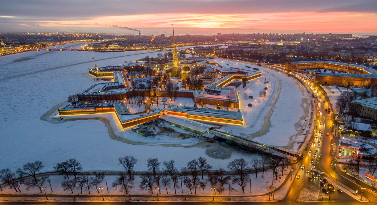 Aerial view of Peter and Paul Fortress in the Neva river, St. Petersburg.
