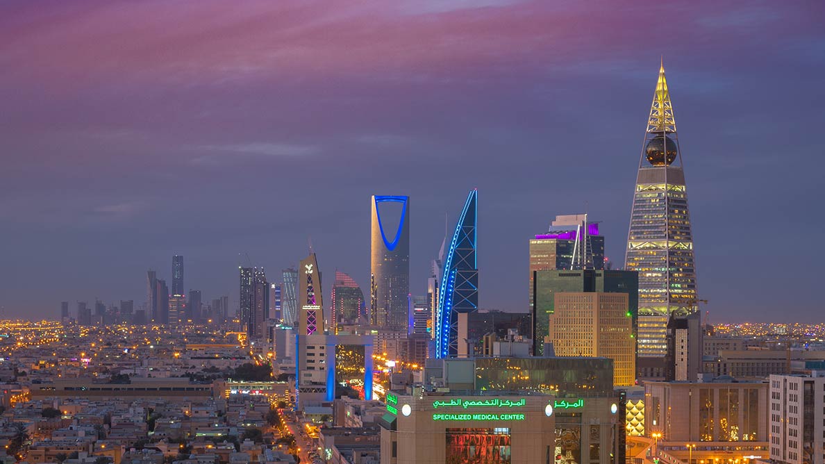 Central Business District of Riyadh with Al Faisaliyah Center, Olaya Towers, and the Kingdom Centre, Saudi Arabia
