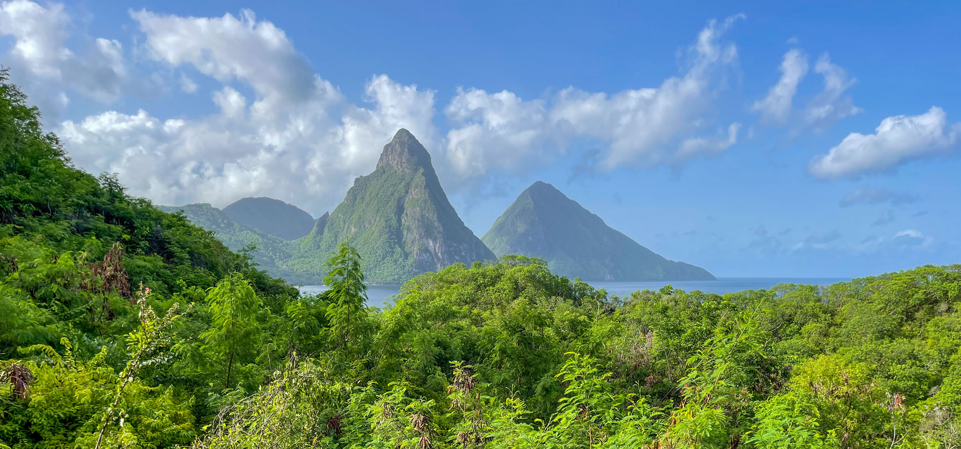 The twin peaks of Petit Piton (in front) and Gros Piton in southwestern St. Lucia