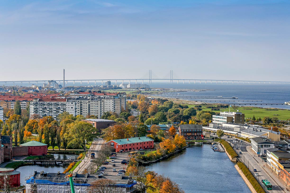 Aerial view of Malmö with Öresund Bridge