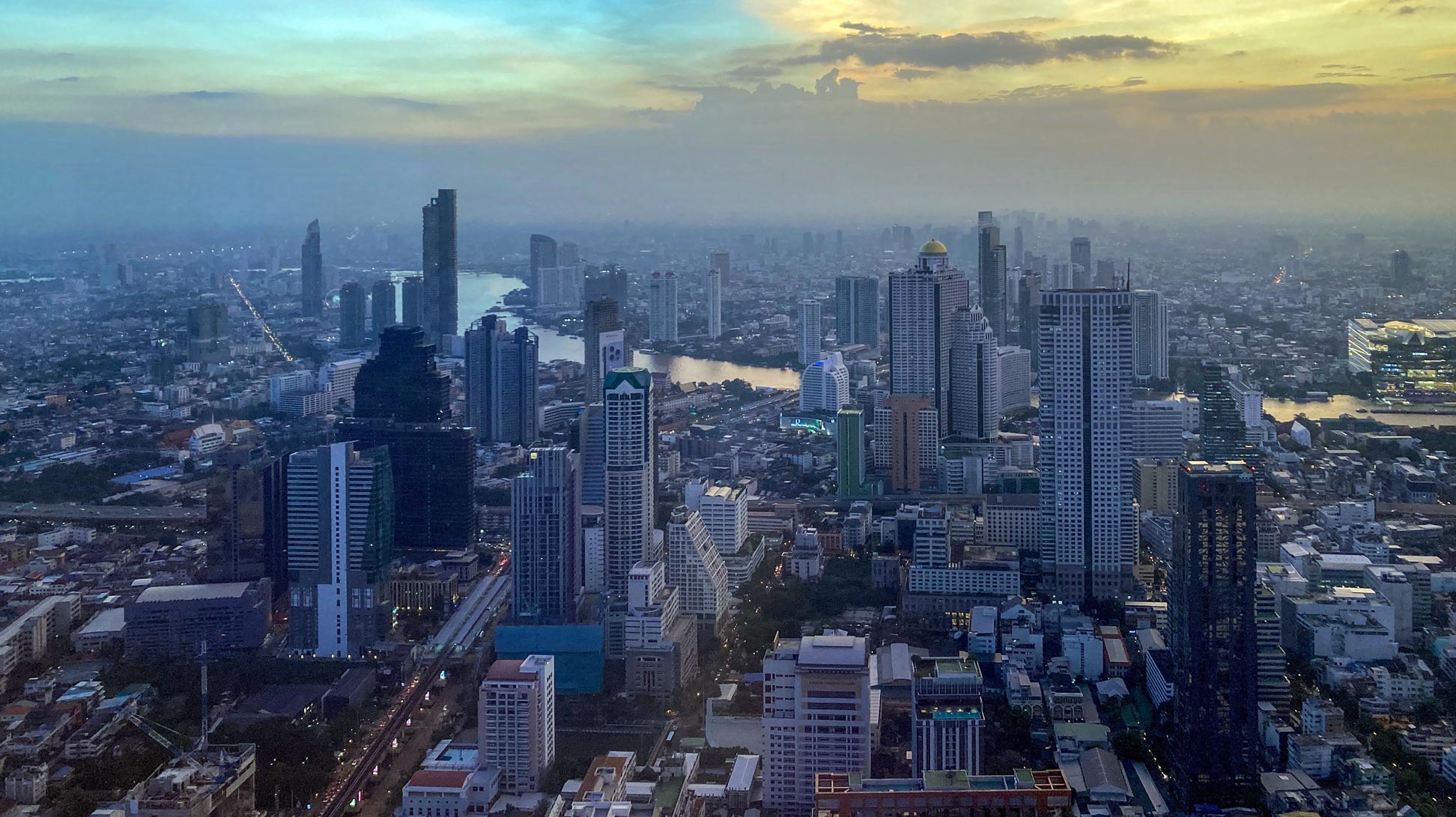 View of Bangkok city center and Chao Phraya River, Thailand