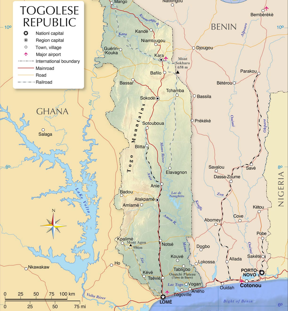 Political map of Togo and surrounding countries with cities, main roads, railroads and airports
