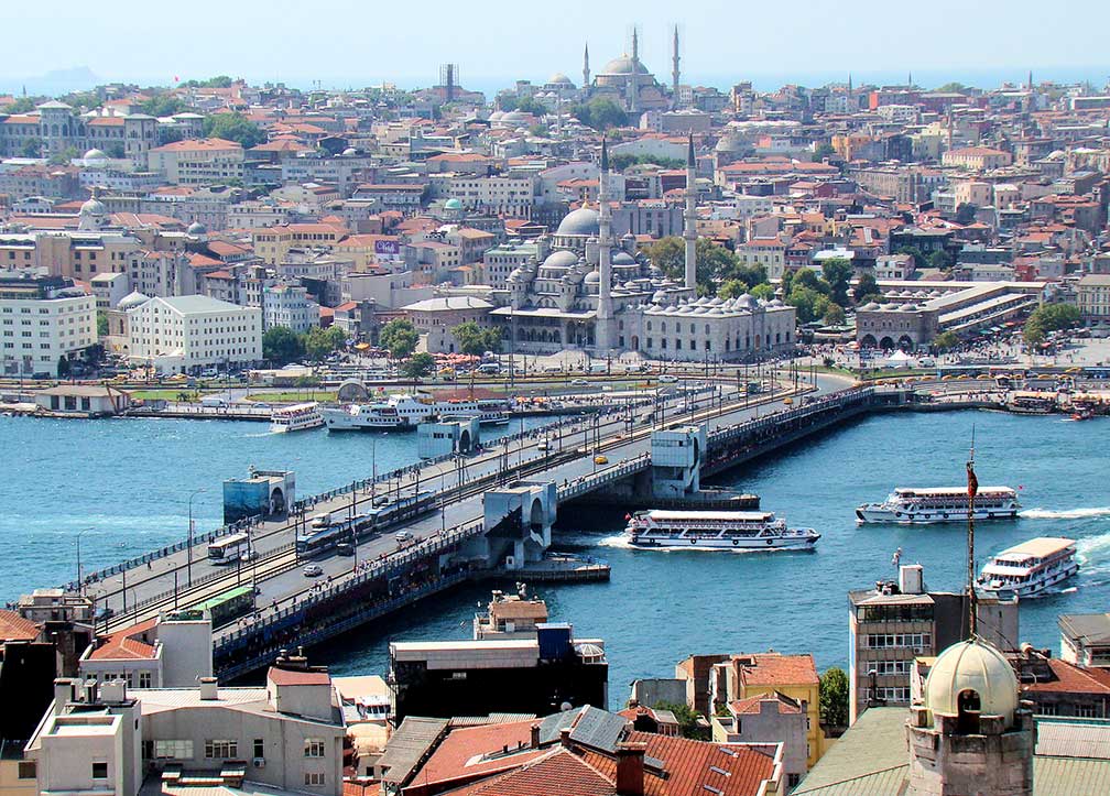 Galata Bridge Istanbul with Yeni Cami mosque, view from Galata Tower