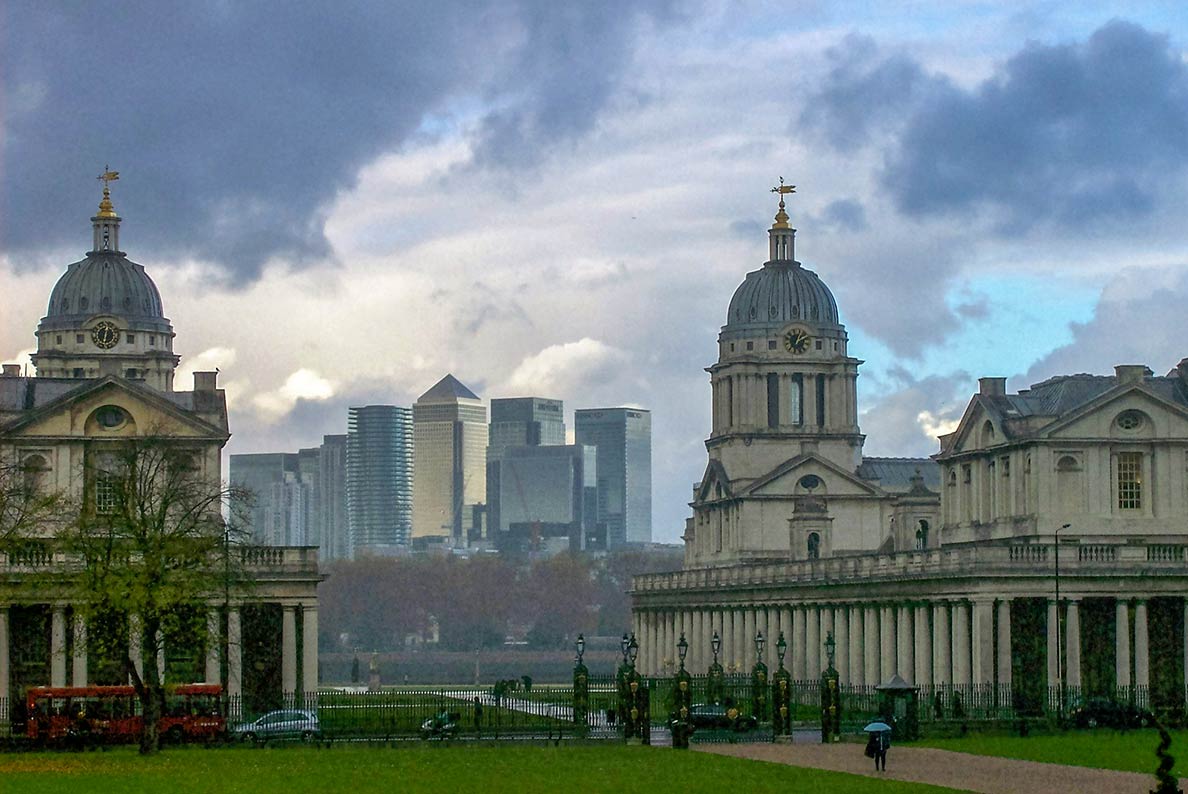 Greenwich Hospital with Canary Wharf in background, Greenwich, London, United Kingdom