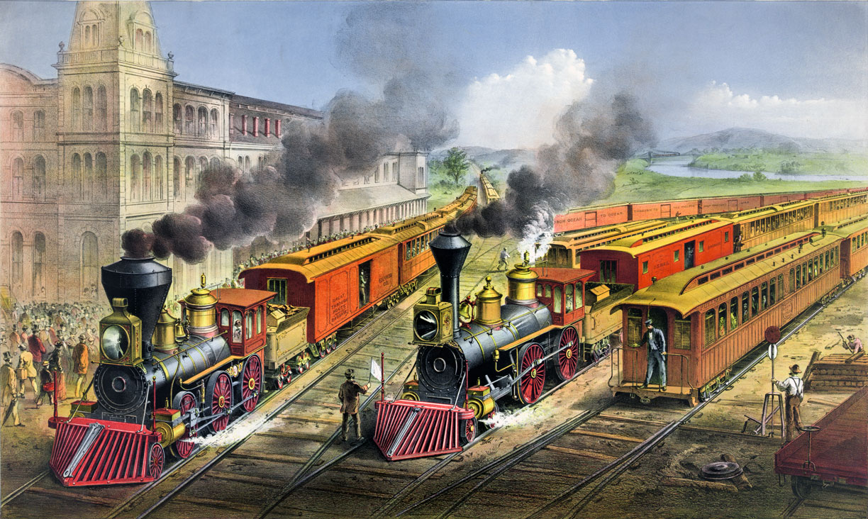 American railroad scene: lightning express trains leaving the junction