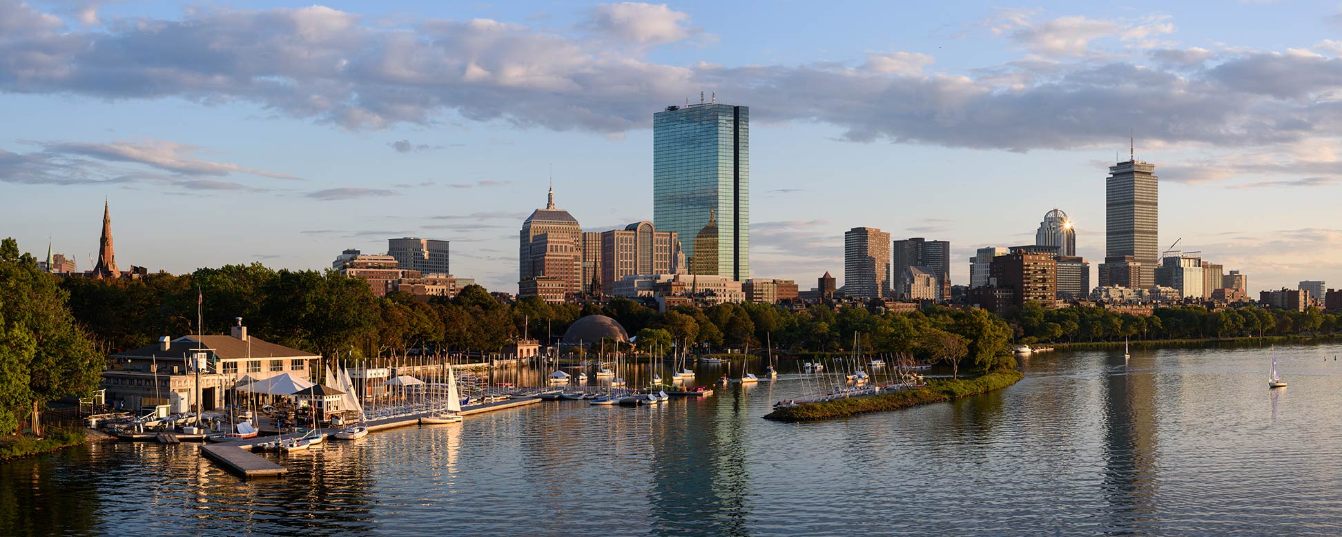 Boston panorama of Back Bay skyline from Longfellow Bridge, Massachusetts