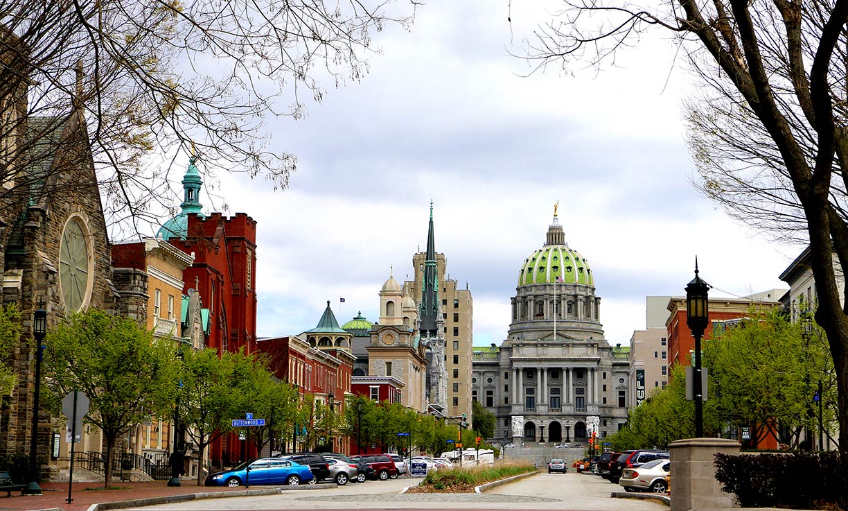 Downtown Harrisburg PA with statehouse