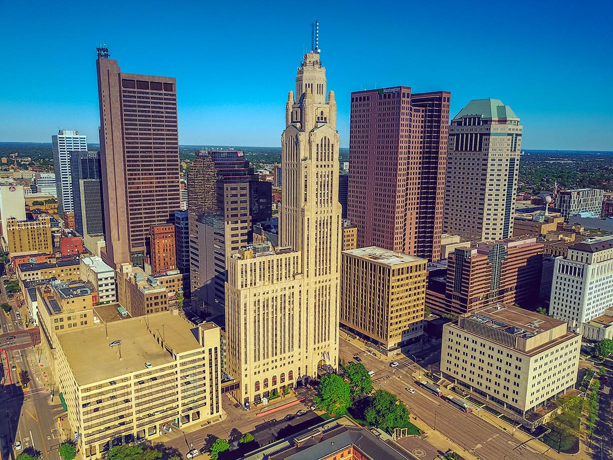 Downtown Columbus avec la tour Leveque au centre, Ohio, USA