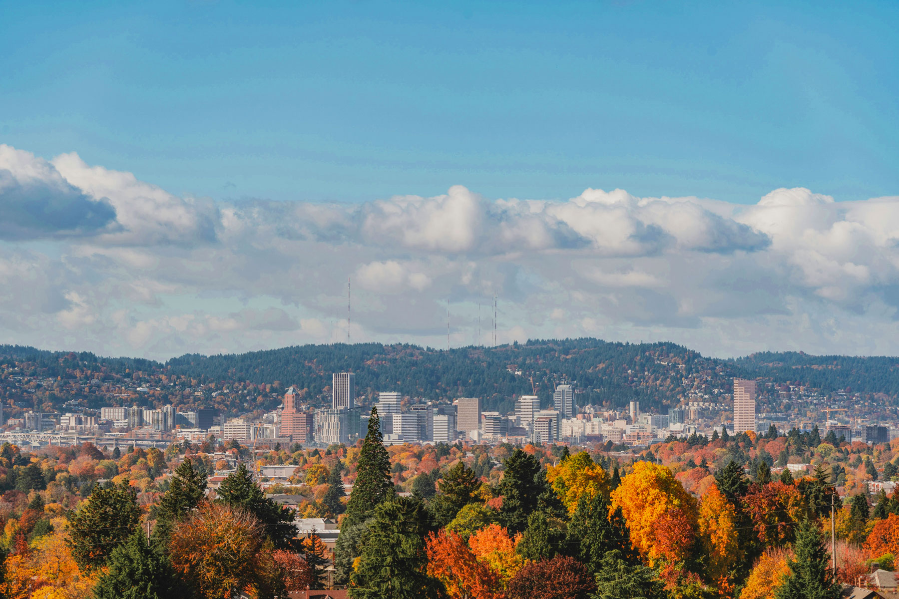 View of Portland, Oregon's largest city, in autumn colors.
